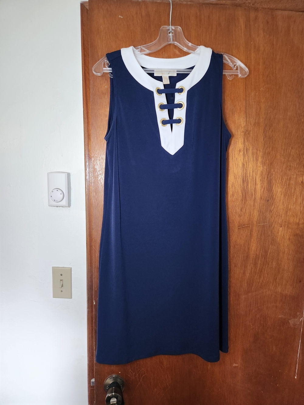 Michael Kors Navy Sleeveless Midi Dress with White Lace-Up Collar